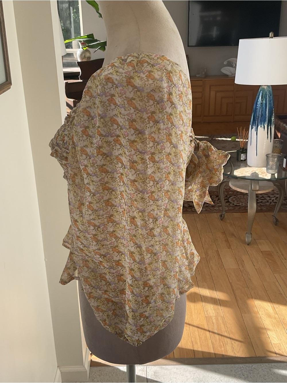 Astr Smocked Square-Neck Blouse in Cream and Yellow Floral - Picture 7 of 12